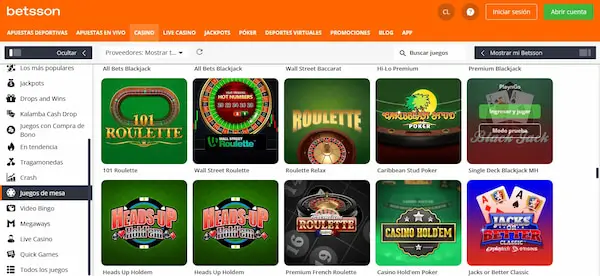 Juegos de mesa en Betsson casino Chile