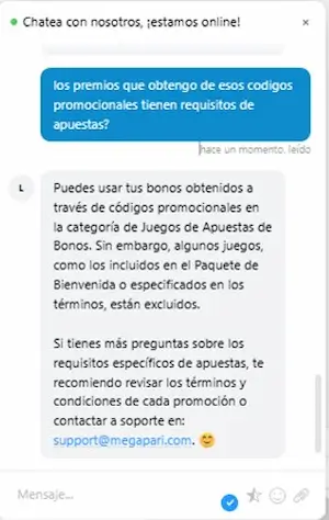 Megapari Casino Chat en vivo