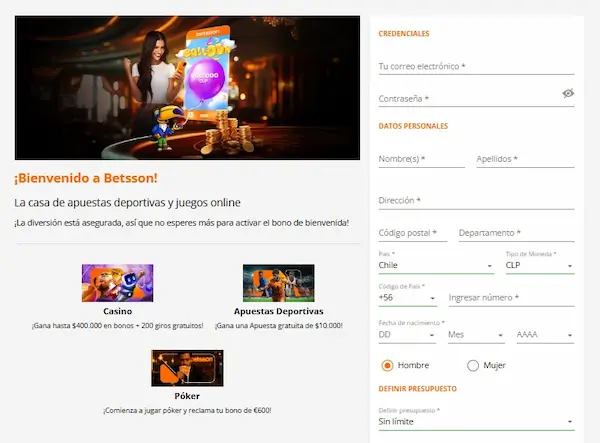 Registro - Betsson casino Chile