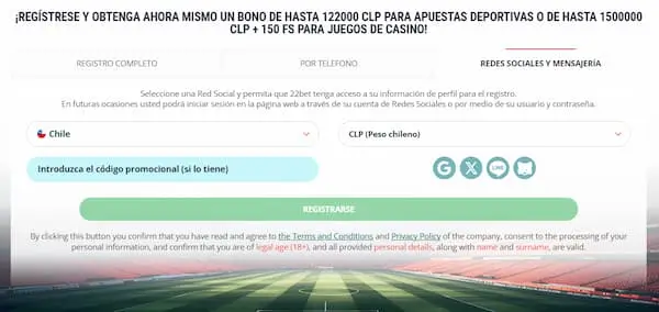 Registro con redes sociales en 22bet casino